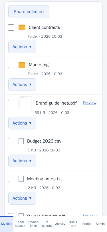 My files screen on a phone: folders and files with their sizes and dates, a Preview link on documents and an Actions menu on each, above the bottom navigation.
