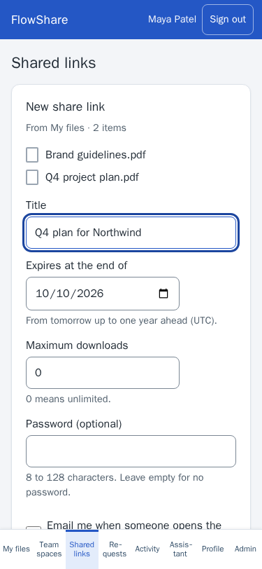New share link screen on a phone: the two selected files, then fields for title, expiry date, maximum downloads and an optional password.