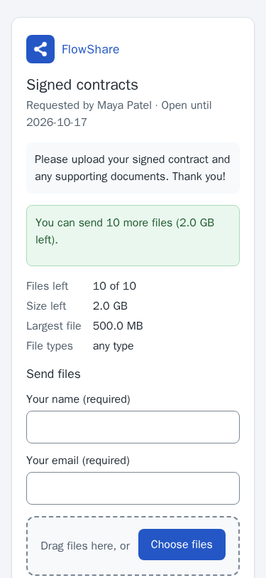 Public drop page on a phone: the request title and who asked, the message to uploaders, how many files and how much space are left, name and email fields and the button to choose files.