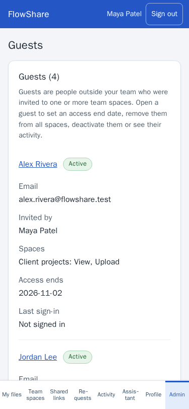Guests screen on a phone: each invited guest with a status badge, their email, who invited them, their spaces and rights, and when their access ends.