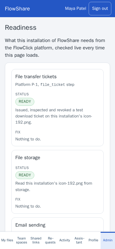 Readiness screen on a phone: each dependency with a READY or MISSING badge and its fix.